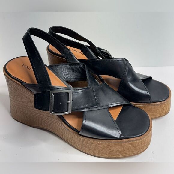 Lucky Brand Sandals Size 7.5 Black Wedge Leather Open Toe‎ Slingback - Picture 3 of 9